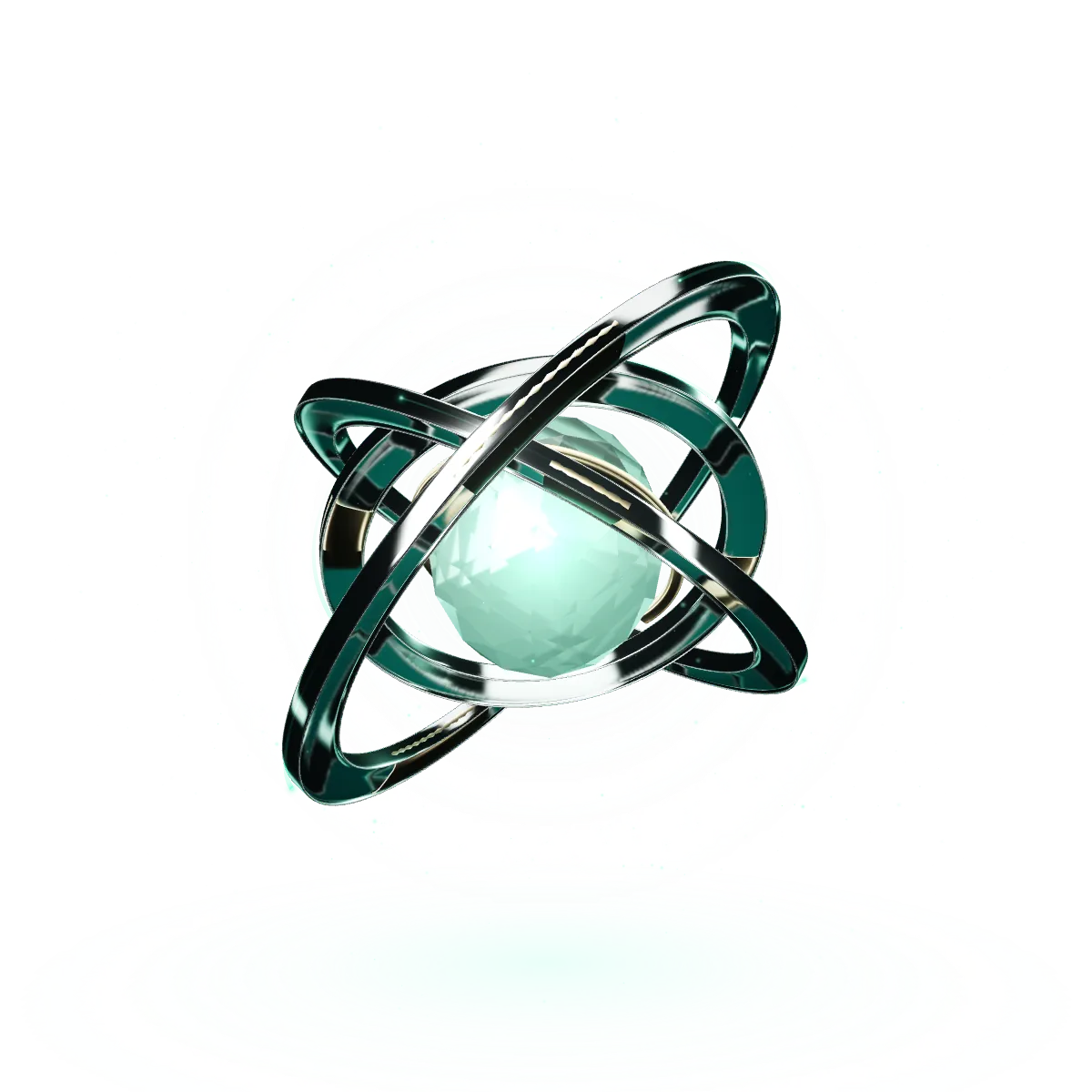 A glass-and-platinum sphere around a glowing mint crystal